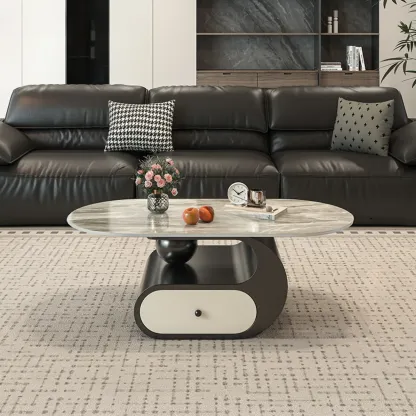 Contemporary 2-Tier Oval Coffee Table with Geometric Base Image - 24