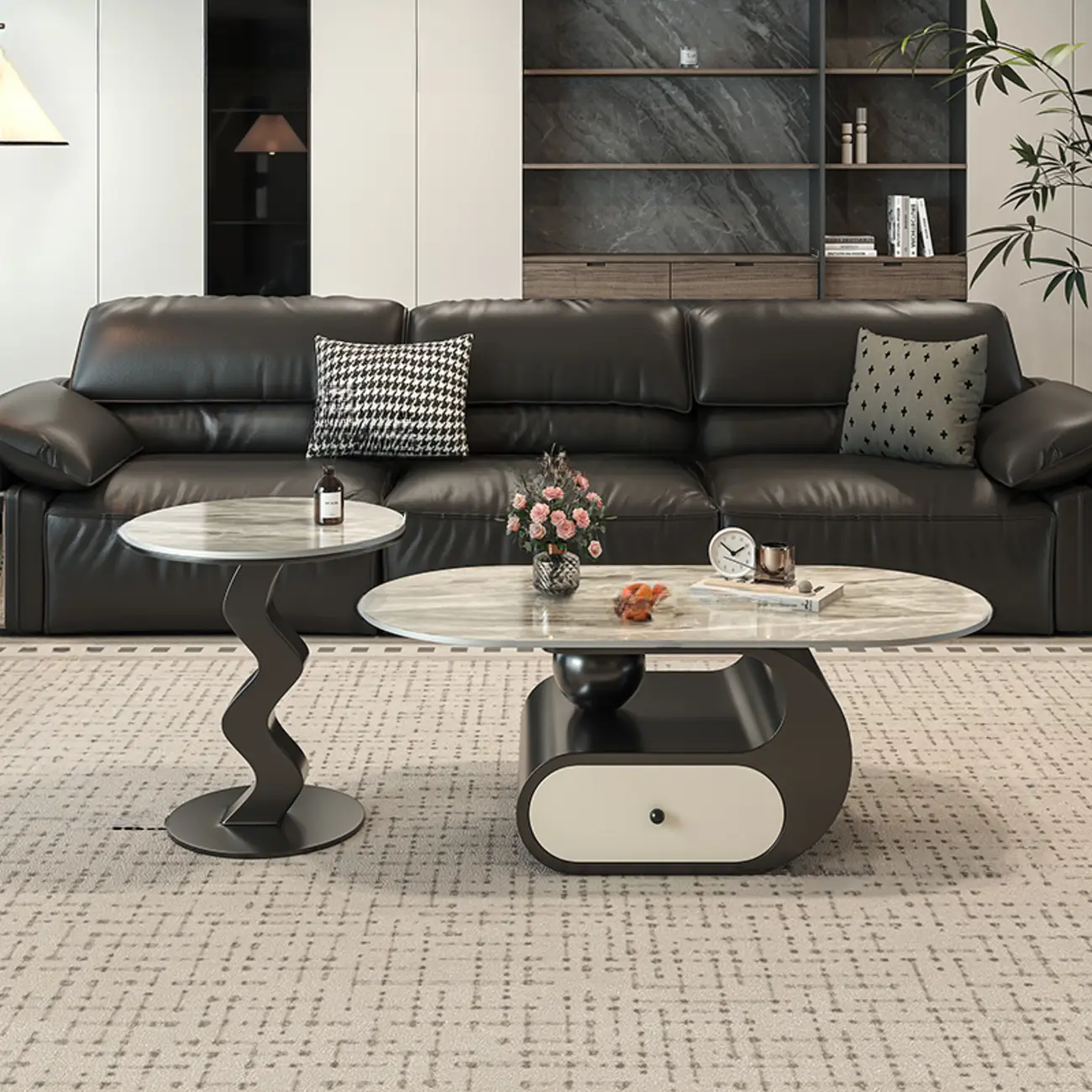 Contemporary 2-Tier Oval Coffee Table with Geometric Base Image - 26 | homeyfad