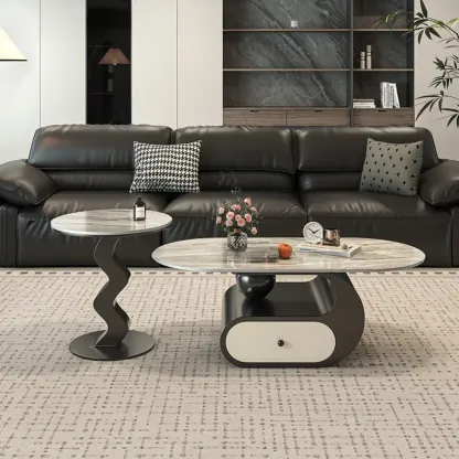 Contemporary 2-Tier Oval Coffee Table with Geometric Base Image - 28