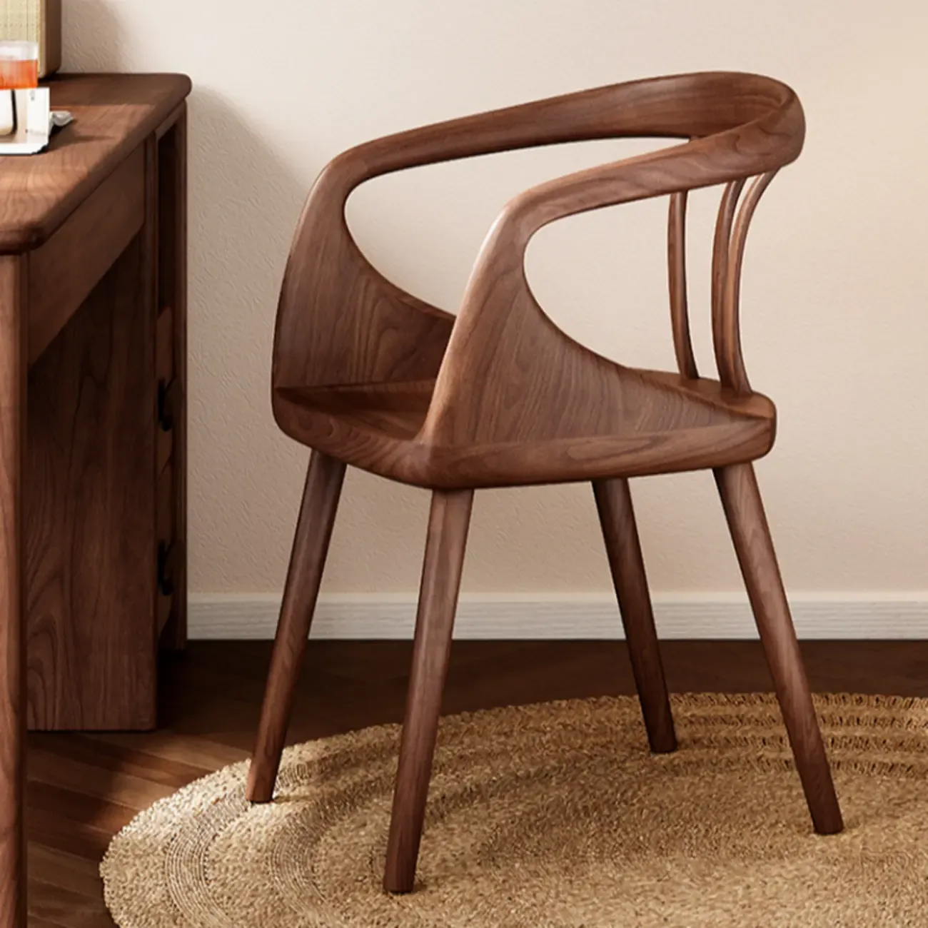 Minimalist Walnut Wood Frame Arm Dining Chair Open Back Image - 1