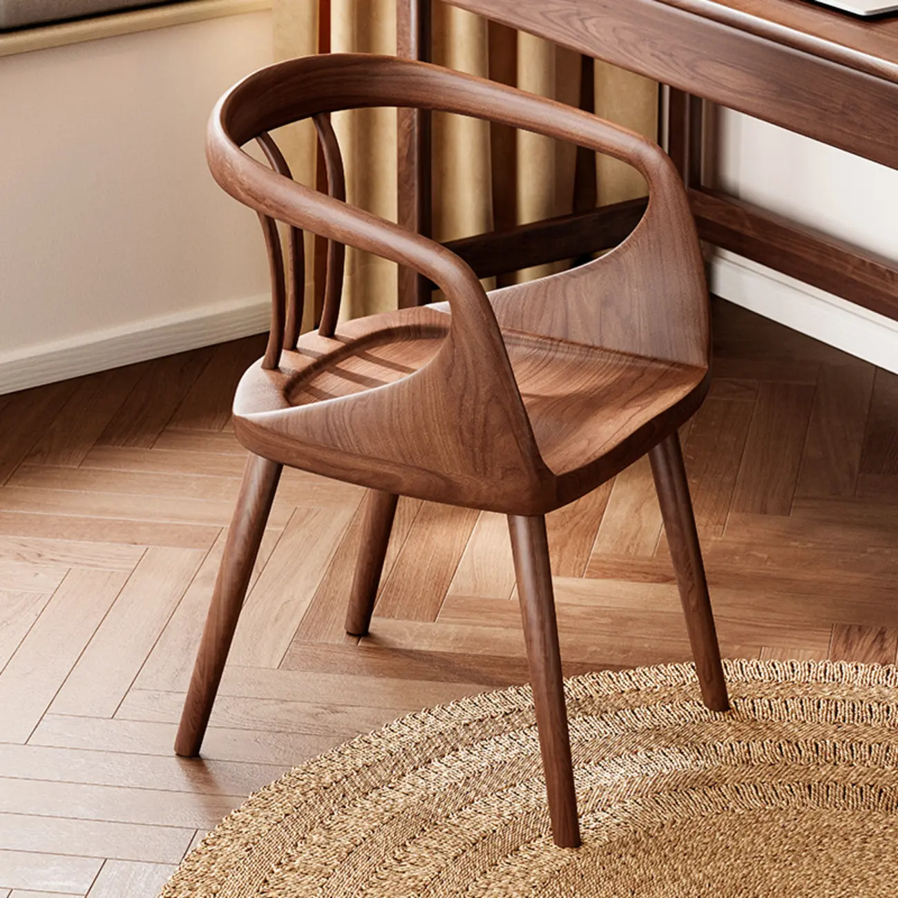 Minimalist Walnut Wood Frame Arm Dining Chair Open Back Image - 2 | homeyfad