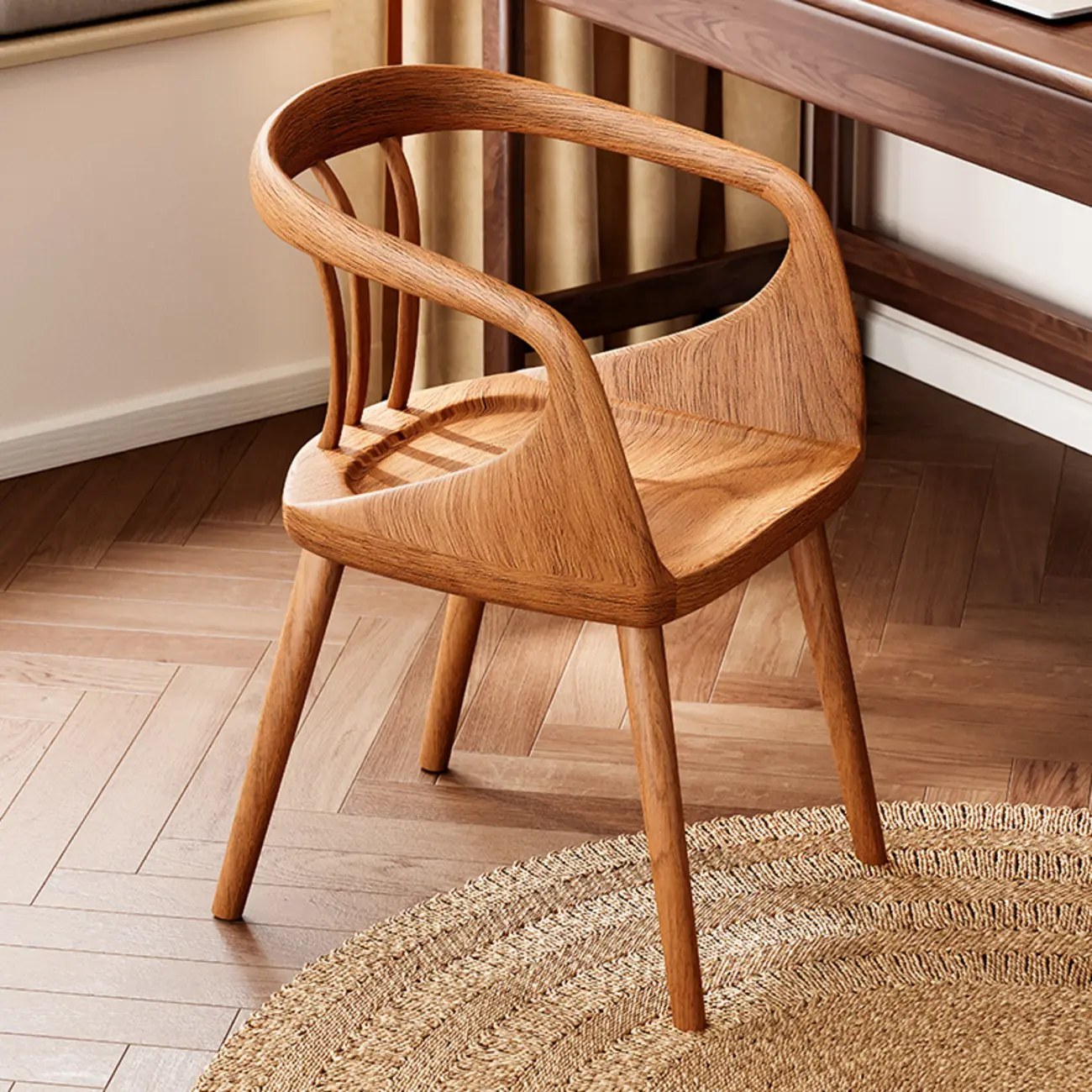 Minimalist Walnut Wood Frame Arm Dining Chair Open Back Image - 3 | homeyfad