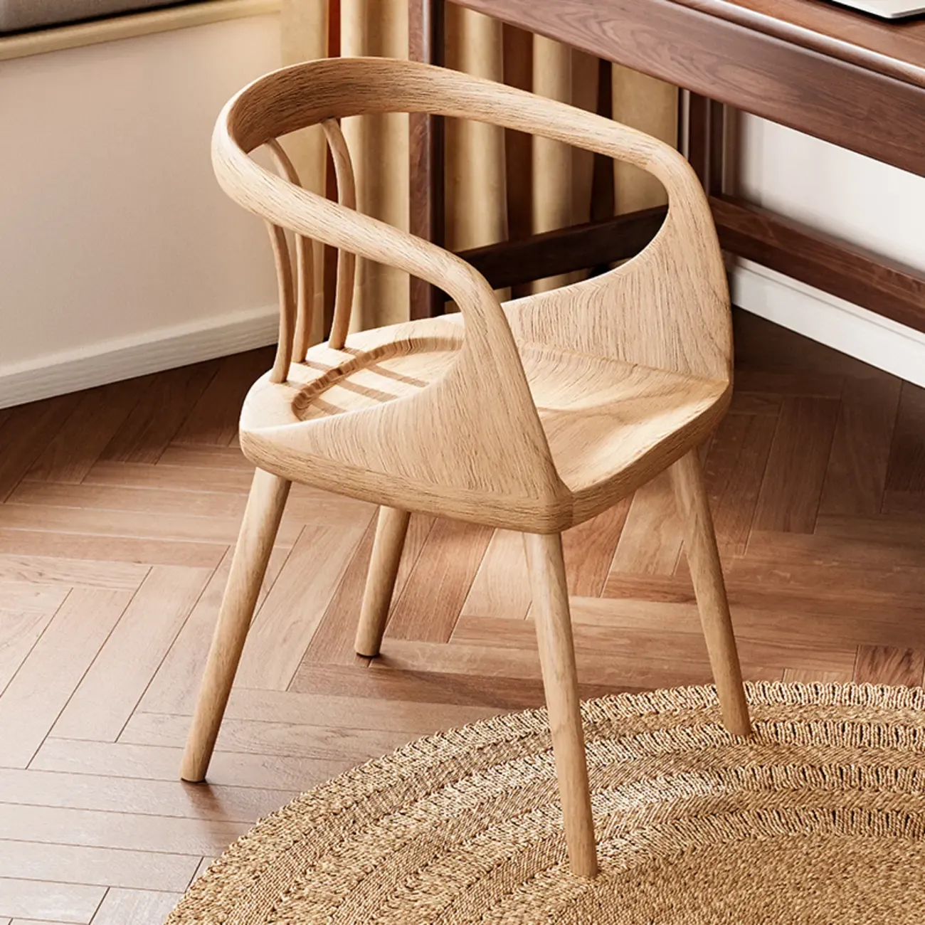 Minimalist Walnut Wood Frame Arm Dining Chair Open Back Image - 5