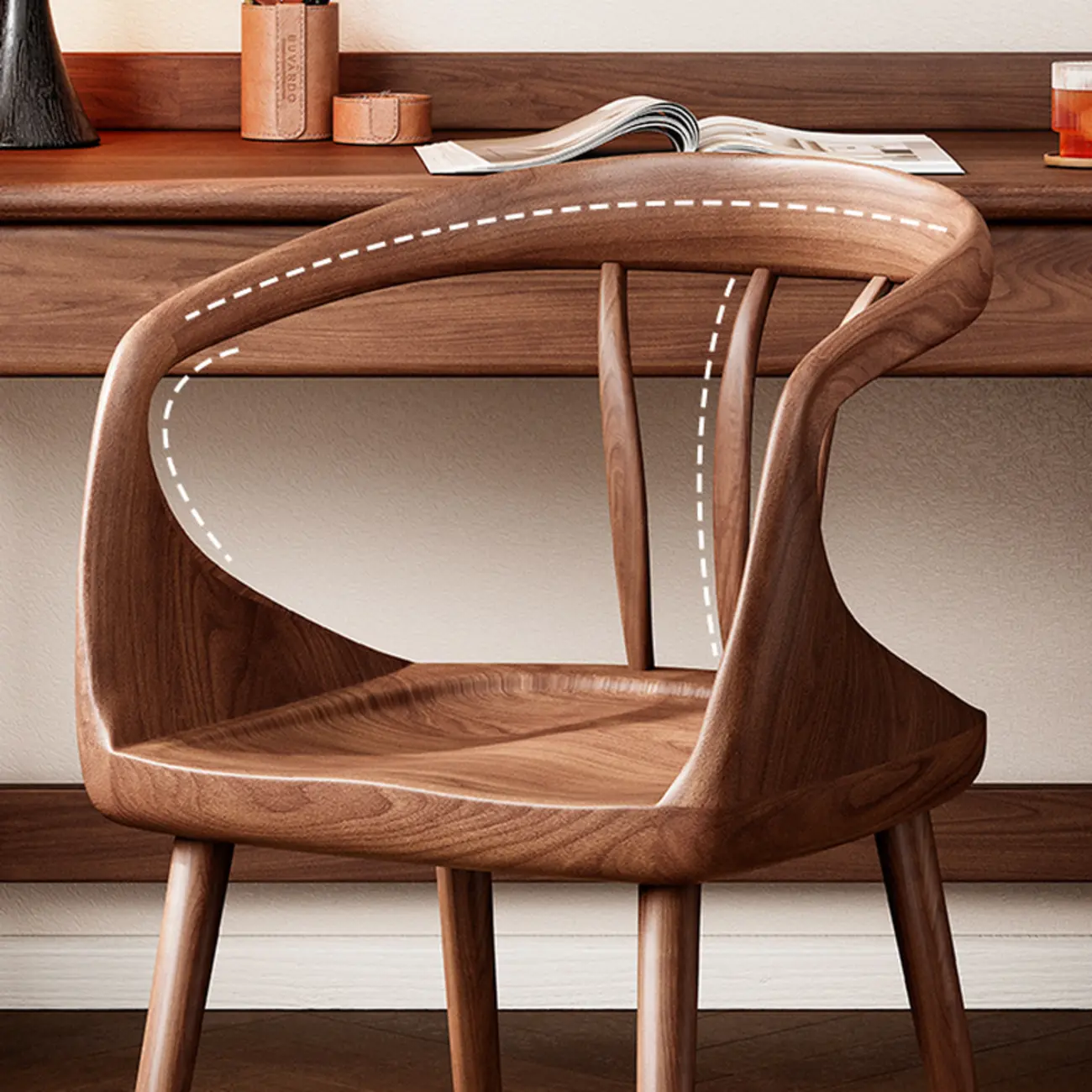 Minimalist Walnut Wood Frame Arm Dining Chair Open Back Image - 7 | homeyfad
