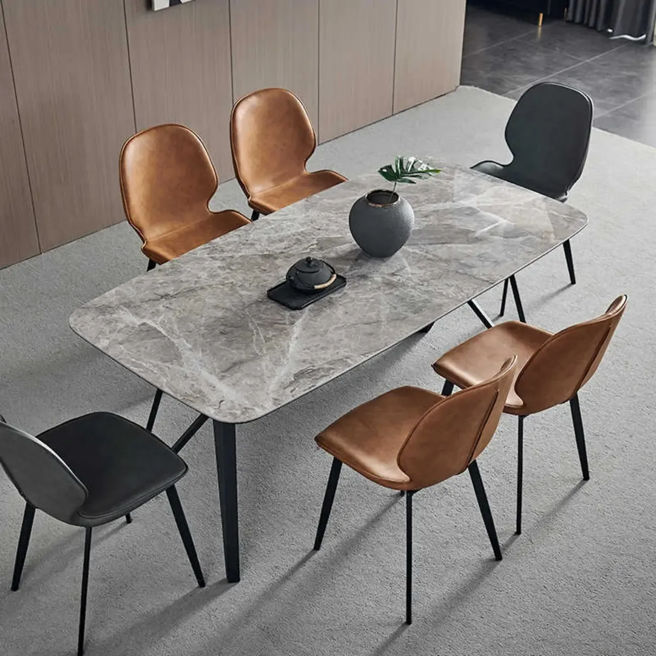 Brown Armless Faux Leather Dining Chair Low Back Image - 6