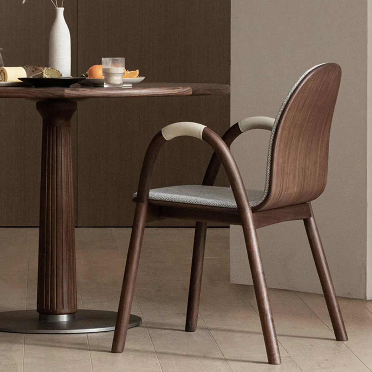 Mid-Century Modern Fabric Armrest Dining Chair Wood Frame Image - 2 | homeyfad