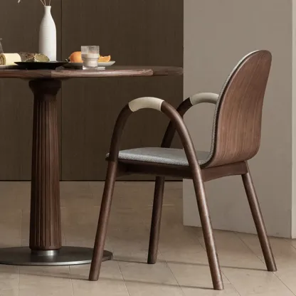 Mid-Century Modern Fabric Armrest Dining Chair Wood Frame Image - 2