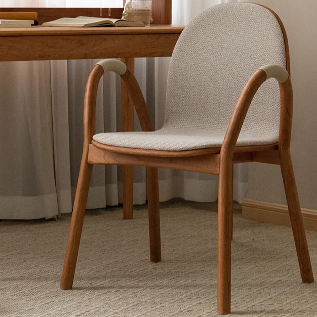 Mid-Century Modern Fabric Armrest Dining Chair Wood Frame Image - 1 | homeyfad