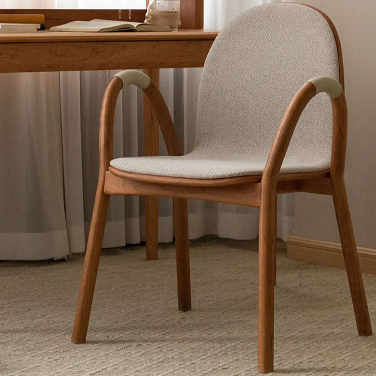 Mid-Century Modern Fabric Armrest Dining Chair Wood Frame Image - 1