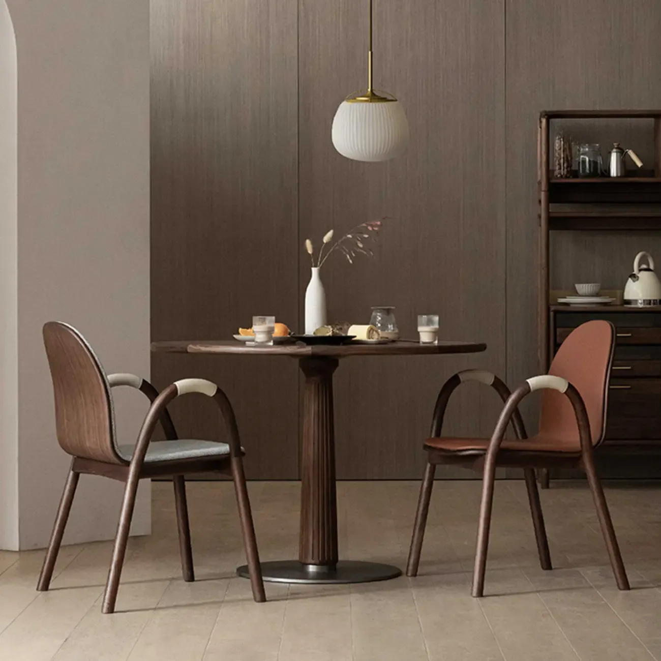 Mid-Century Modern Fabric Armrest Dining Chair Wood Frame Image - 3