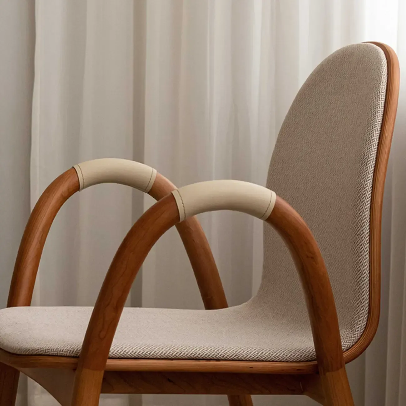 Mid-Century Modern Fabric Armrest Dining Chair Wood Frame Image - 6