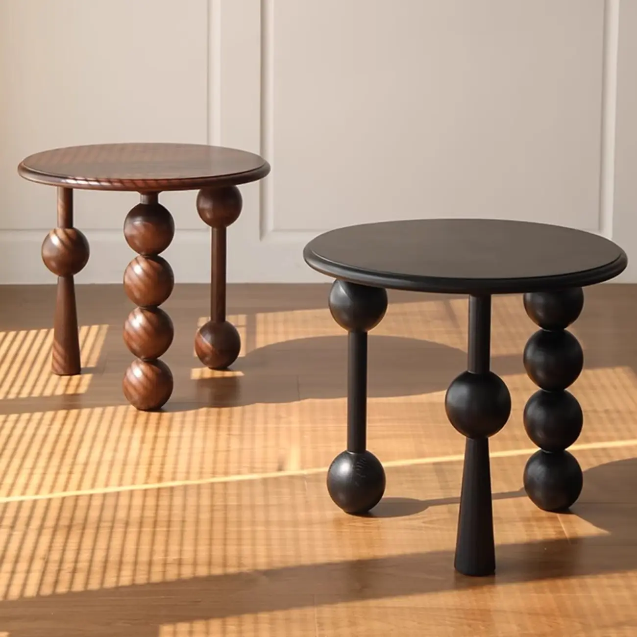 Small Postmodern Wood Round Coffee Table With Tripod Ball Legs Image - 2 | homeyfad