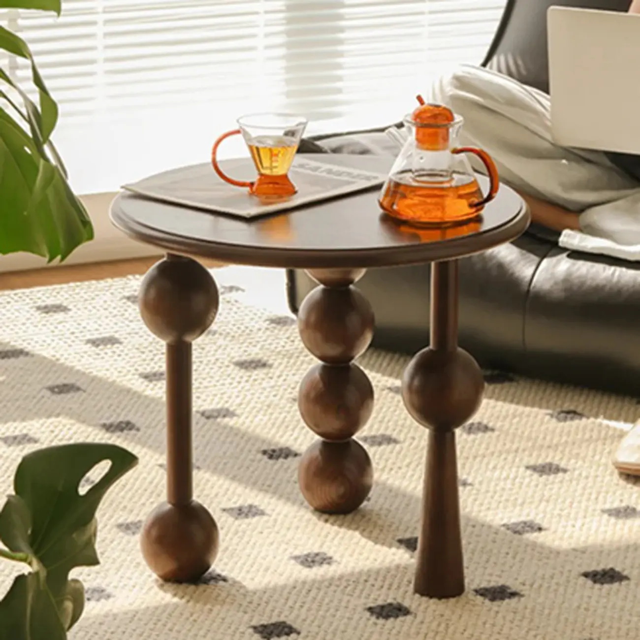 Small Postmodern Wood Round Coffee Table With Tripod Ball Legs Image - 1 | homeyfad