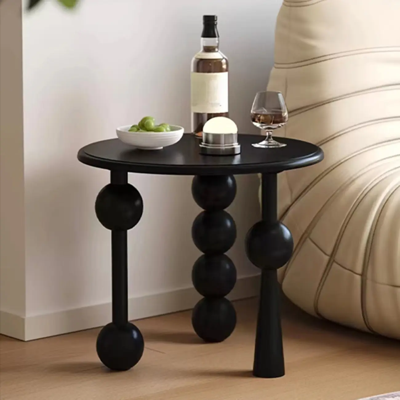 Small Postmodern Wood Round Coffee Table With Tripod Ball Legs Image - 3 | homeyfad