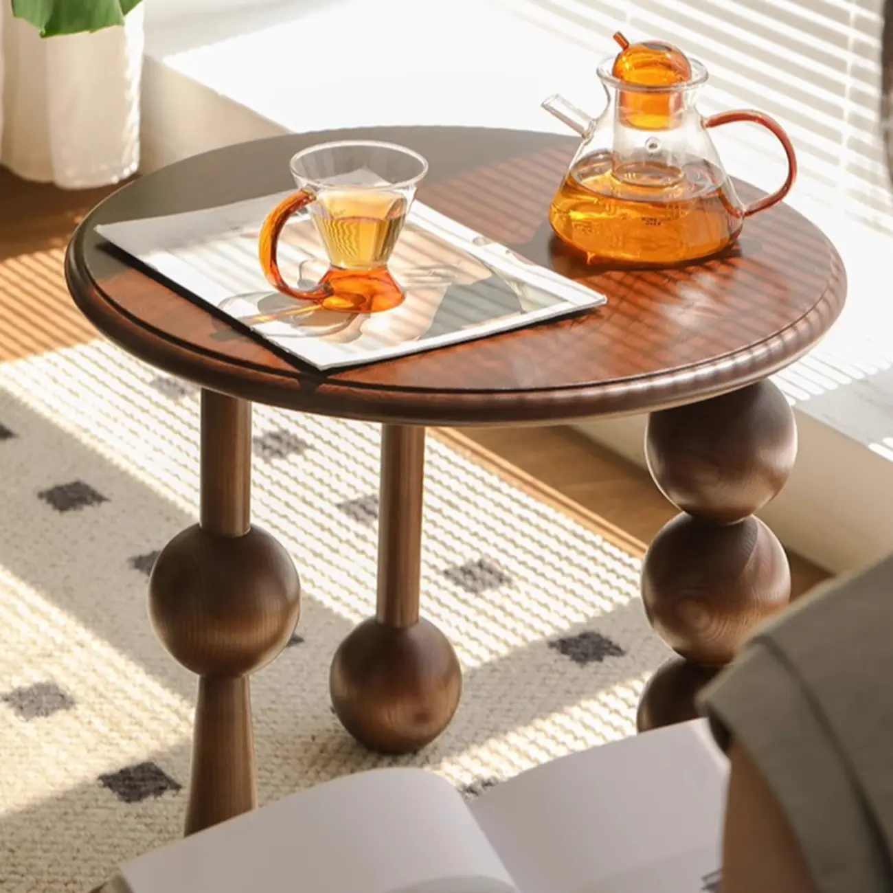 Small Postmodern Wood Round Coffee Table With Tripod Ball Legs Image - 4 | homeyfad