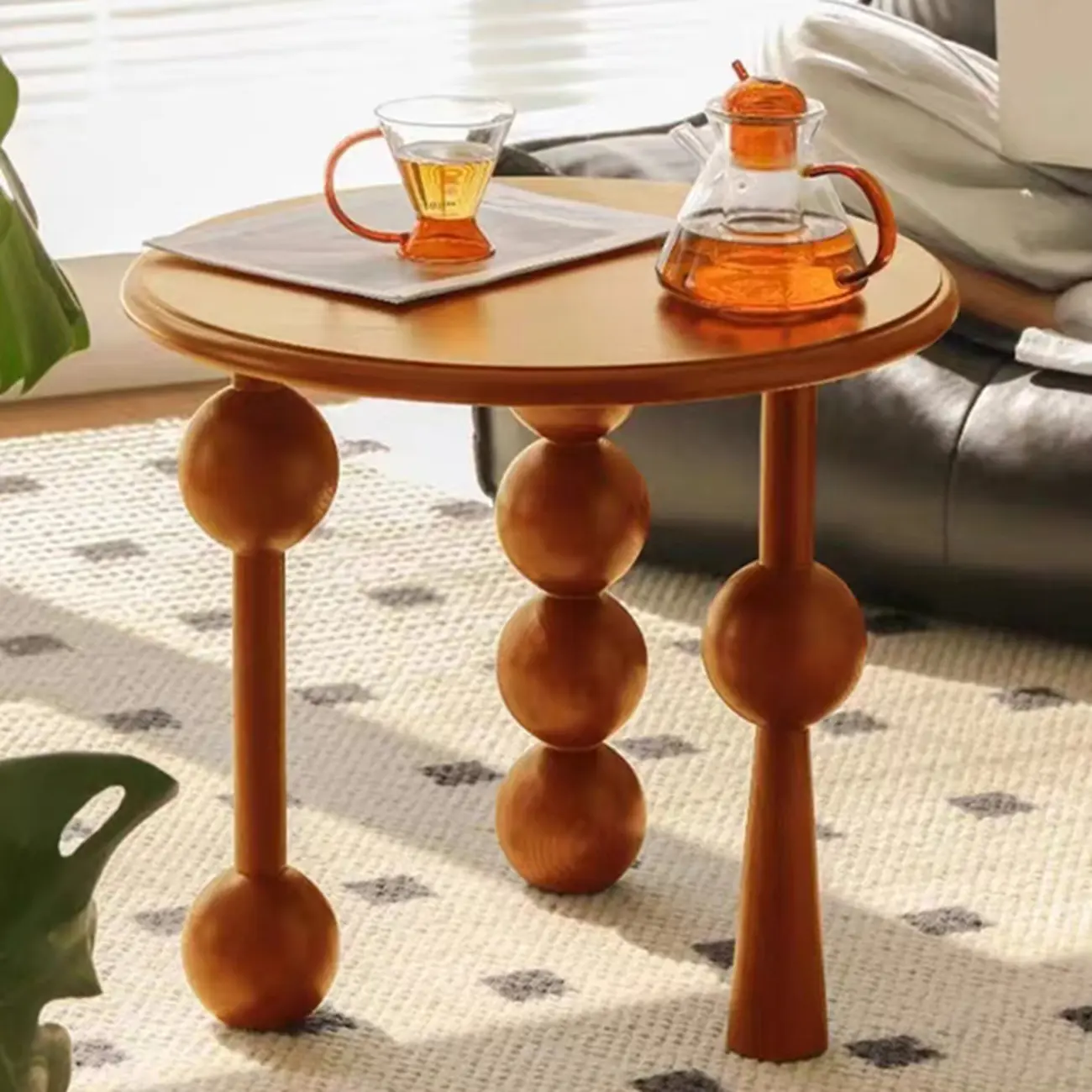 Small Postmodern Wood Round Coffee Table With Tripod Ball Legs Image - 5 | homeyfad