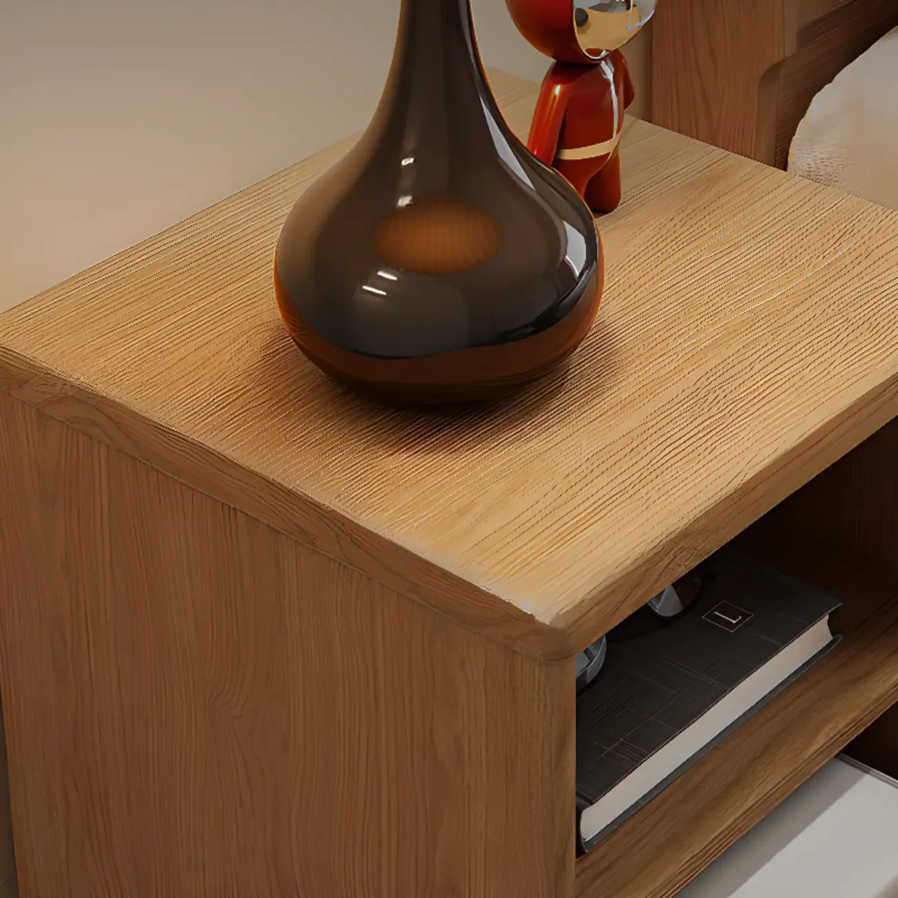 Modern Natural Wood Open Nightstand with Drawer Image - 2