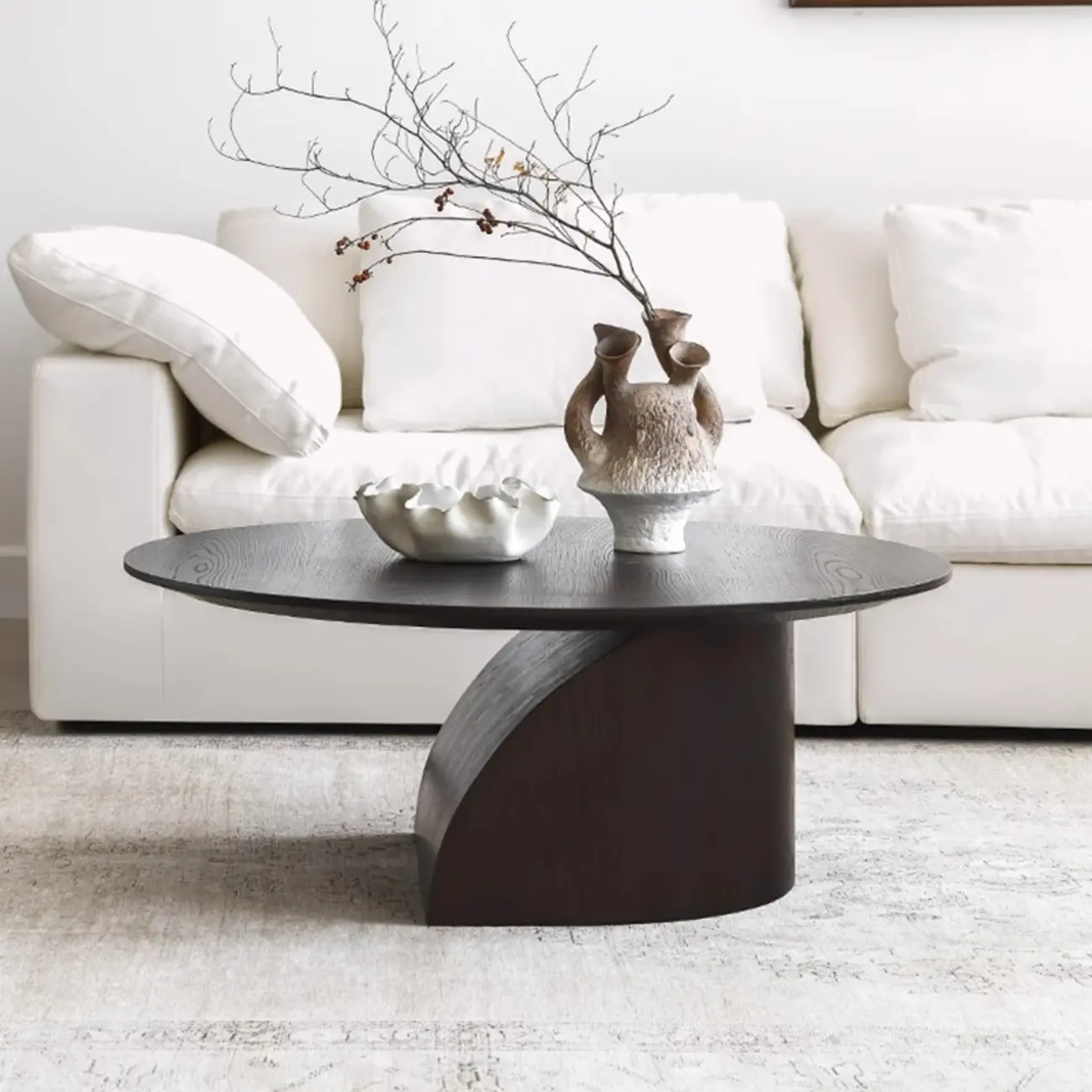Minimalist Wooden Oval Coffee Table With Curved Pedestal Base Image - 5 | homeyfad