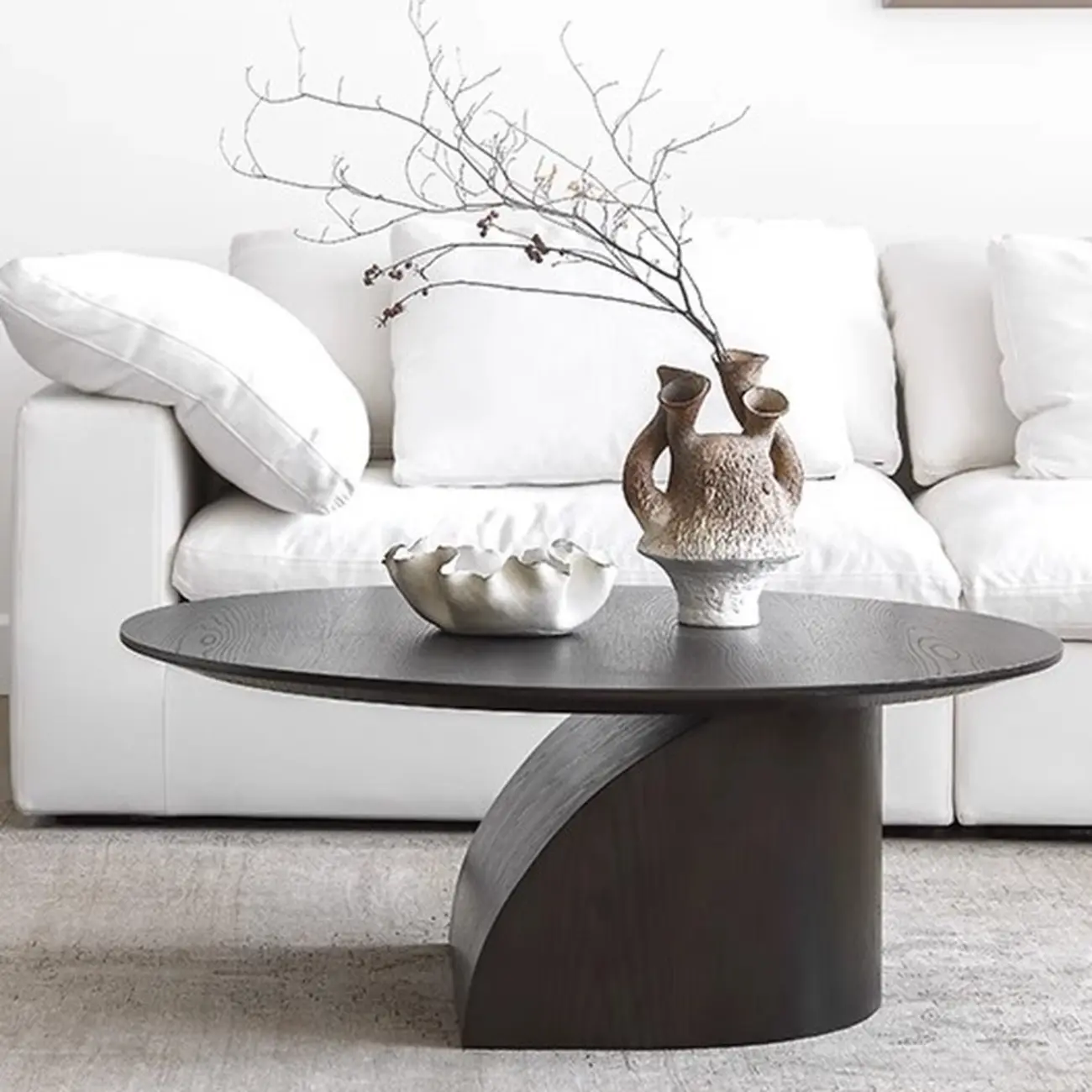 Minimalist Wooden Oval Coffee Table With Curved Pedestal Base Image - 1 | homeyfad