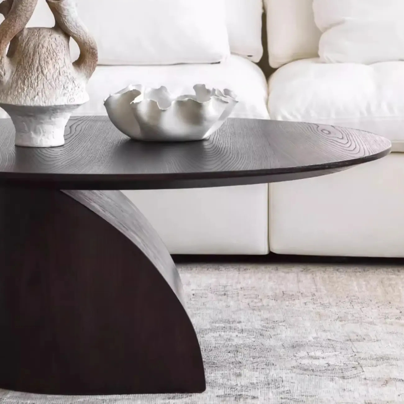Minimalist Wooden Oval Coffee Table With Curved Pedestal Base Image - 13 | homeyfad