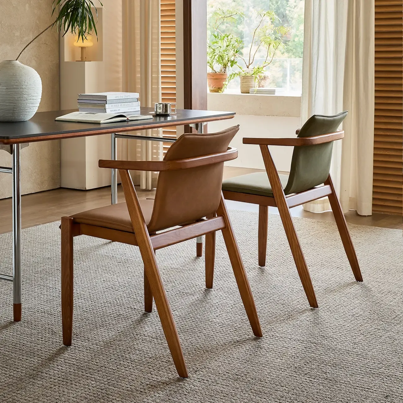 Oak wood Faux Leather Mid-Century Arm Chair  Image - 4