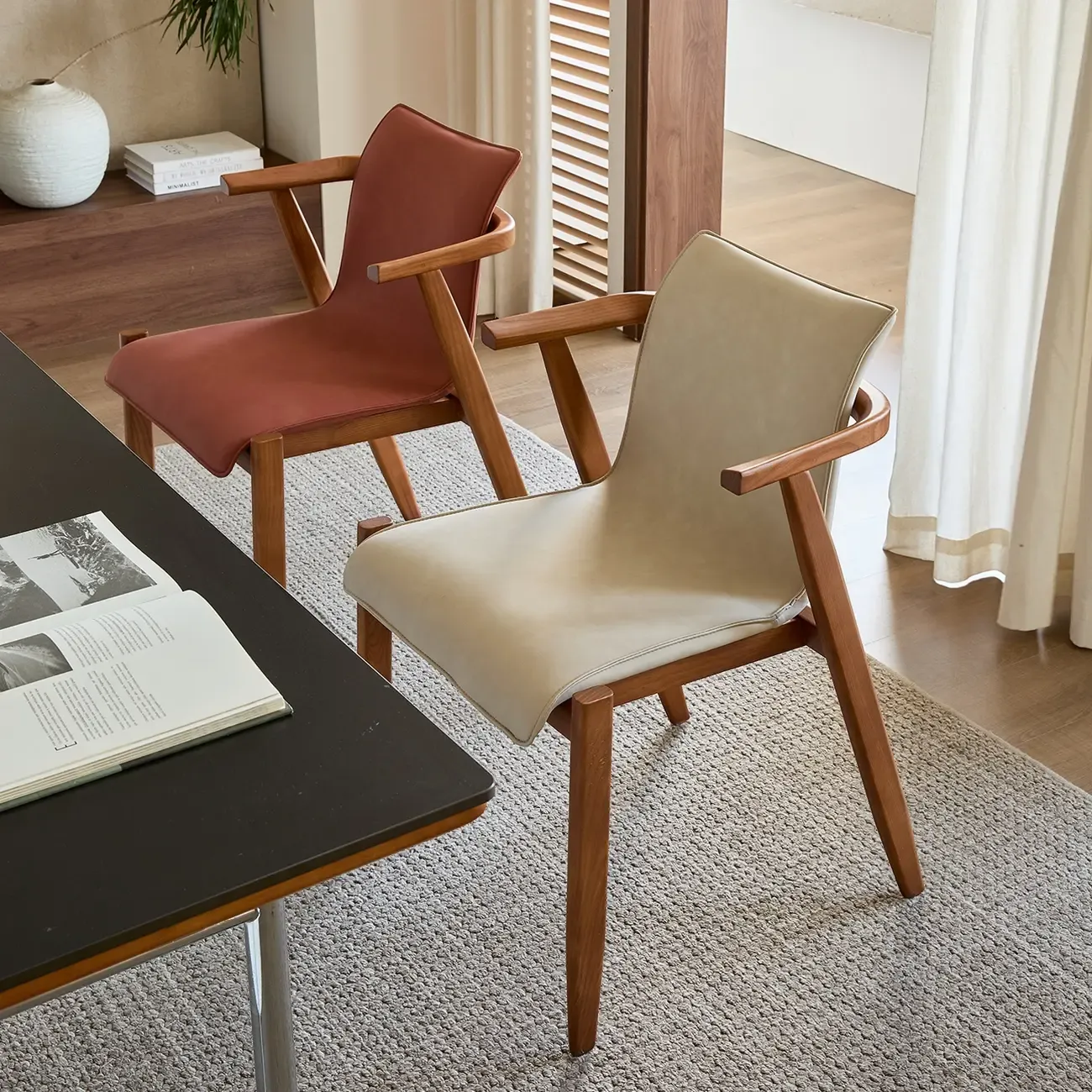 Oak wood Faux Leather Mid-Century Arm Chair  Image - 6