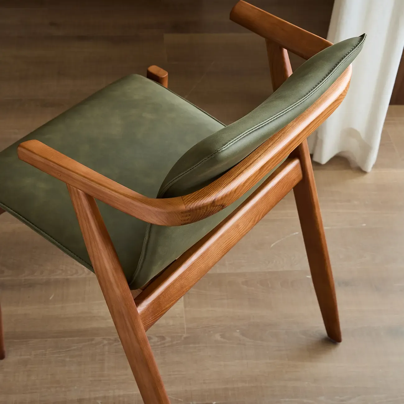 Oak wood Faux Leather Mid-Century Arm Chair  Image - 12