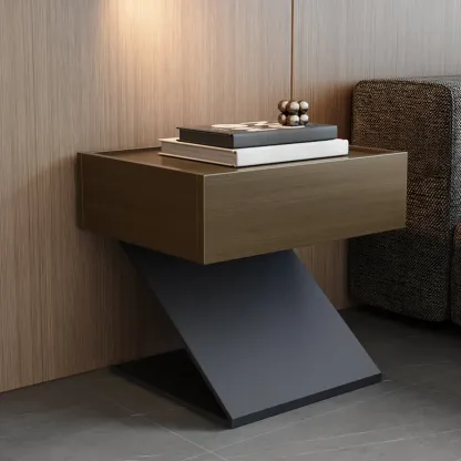 Modern Wood Nightstand with Drawer and Z-Base Image - 4