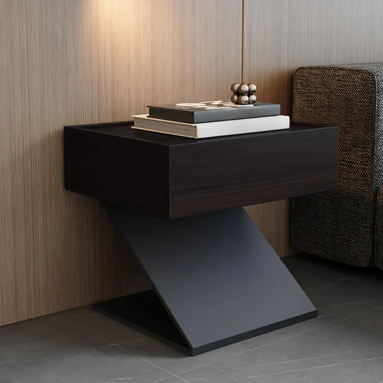 Modern Wood Nightstand with Drawer and Z-Base Image - 5