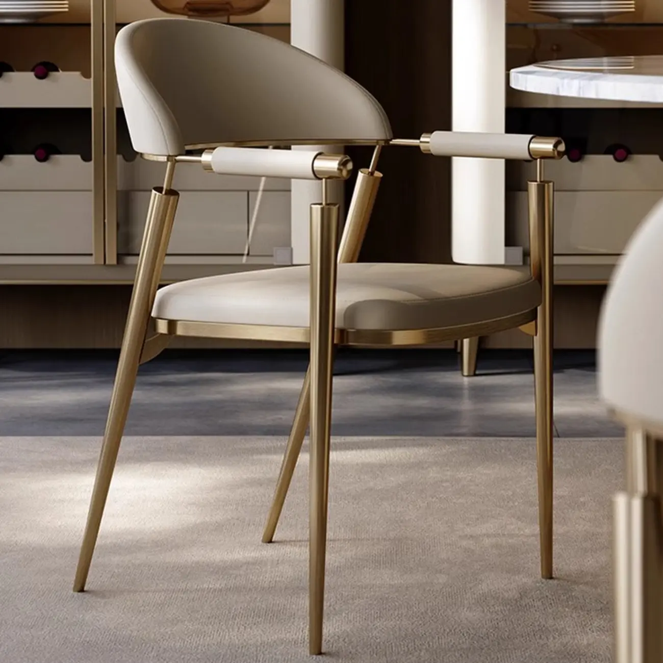 Luxury Armrest Genuine Leather Curved Back Dining Chair Image - 3 | homeyfad