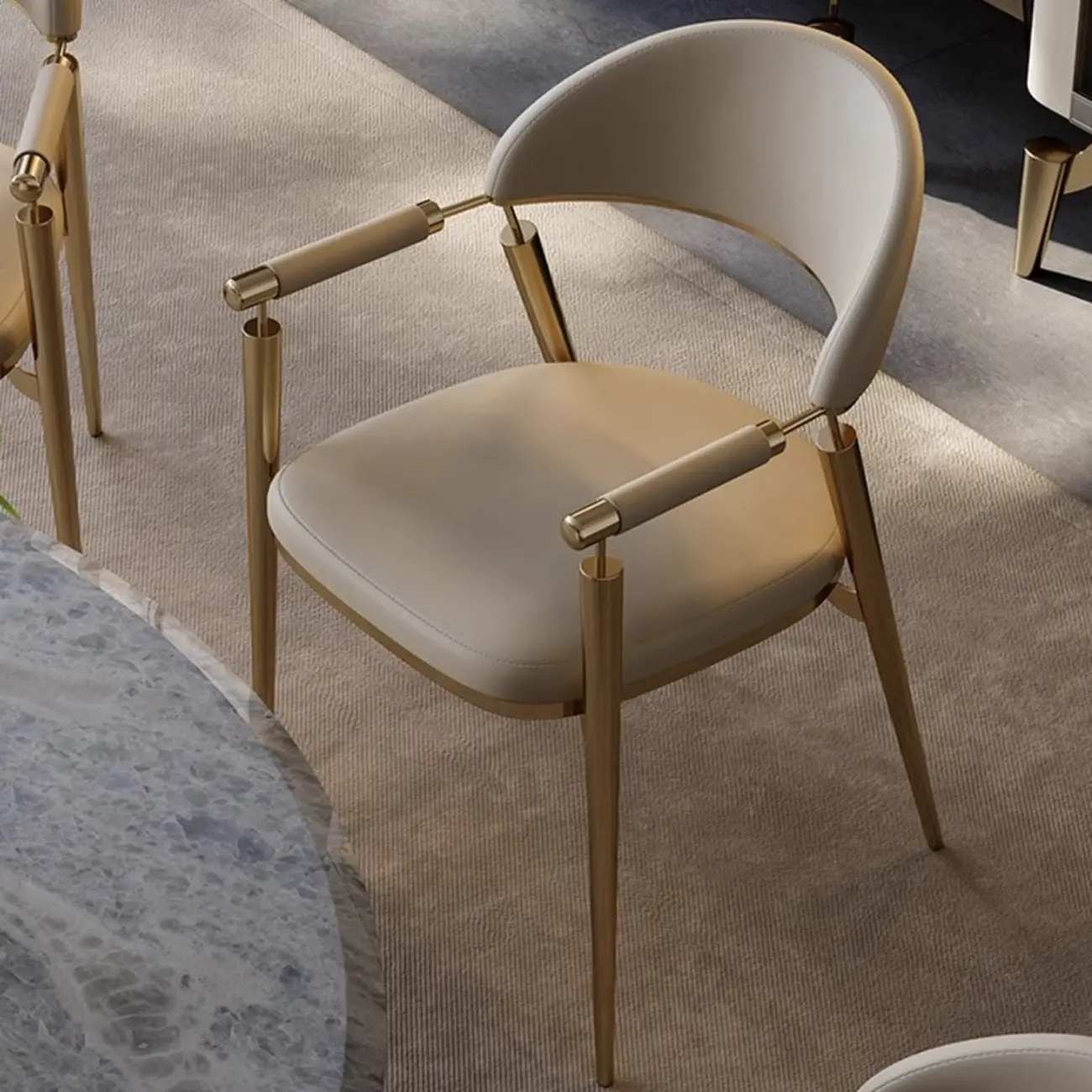 Luxury Armrest Genuine Leather Curved Back Dining Chair Image - 6 | homeyfad