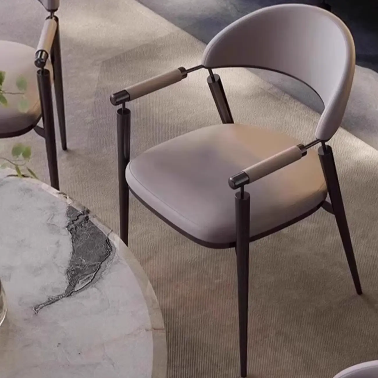 Luxury Armrest Genuine Leather Curved Back Dining Chair Image - 7 | homeyfad