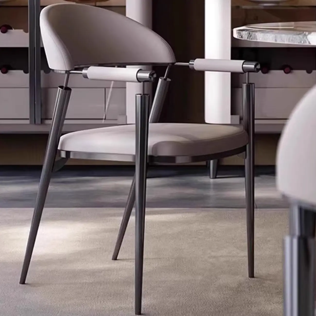 Luxury Armrest Genuine Leather Curved Back Dining Chair Image - 8 | homeyfad