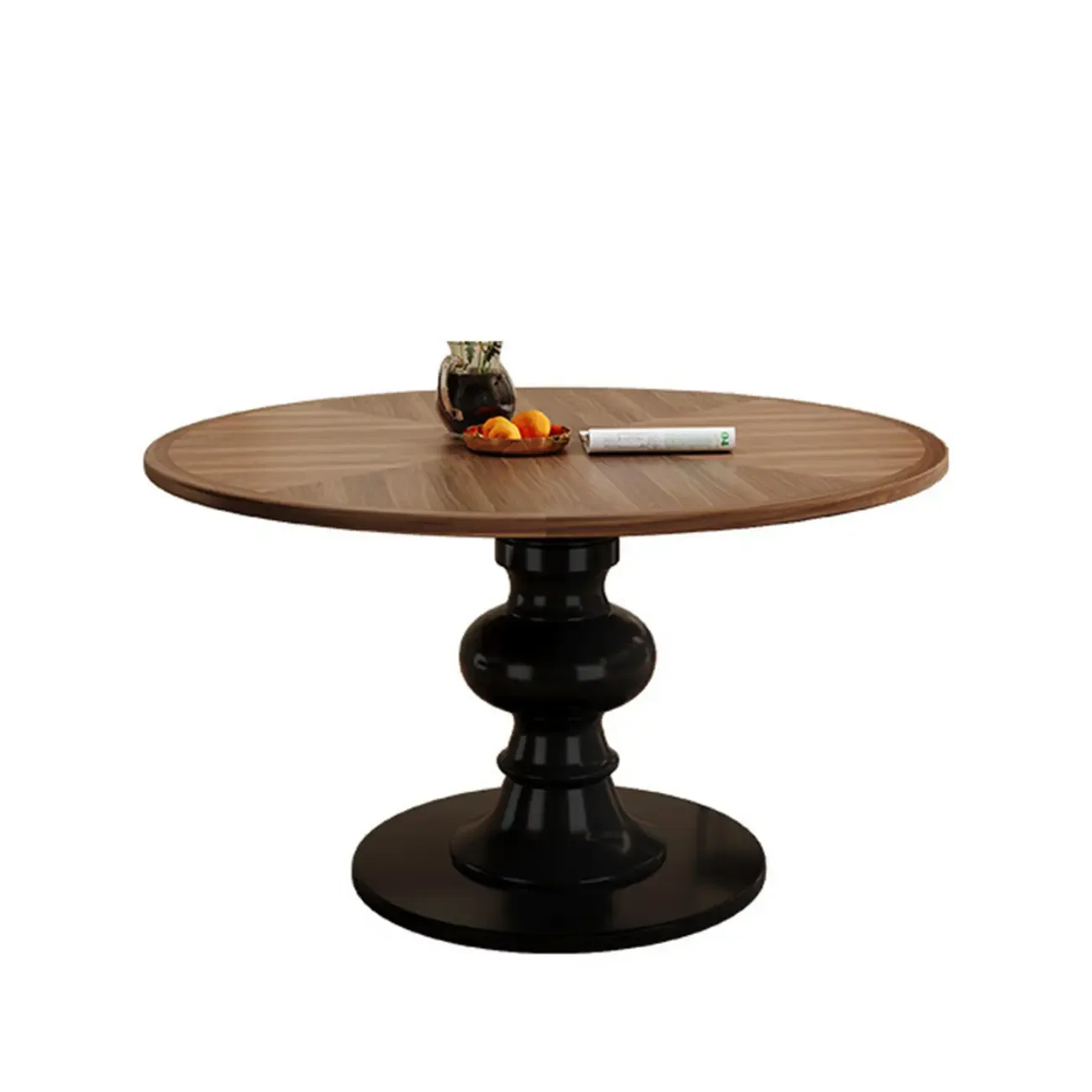 Art Deco Circular Dining Table with Brown Natural Wood Fixed Tabletop Image - 2