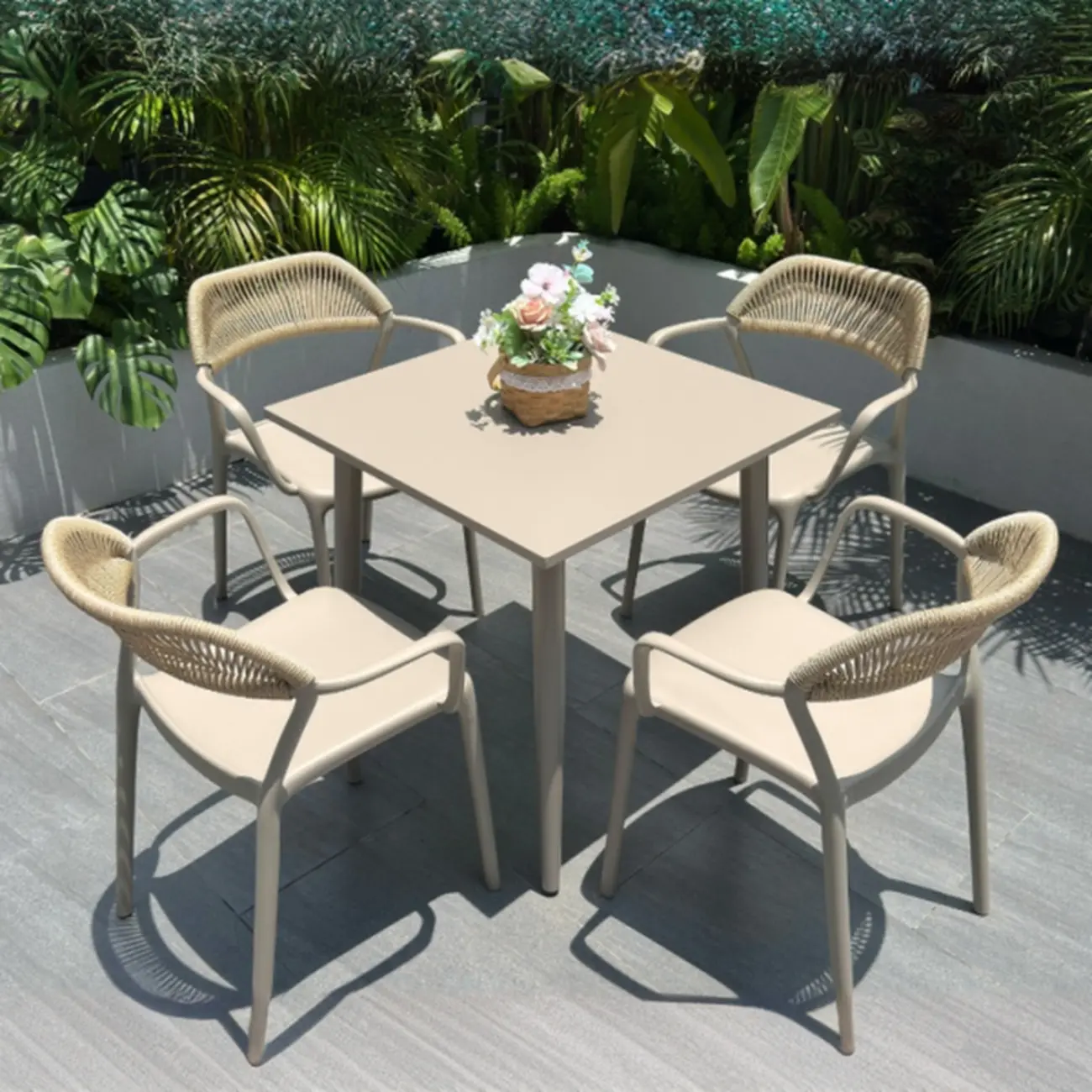 Contemporary Beige Patio Dining Set Weatherproof Image - 2 | homeyfad