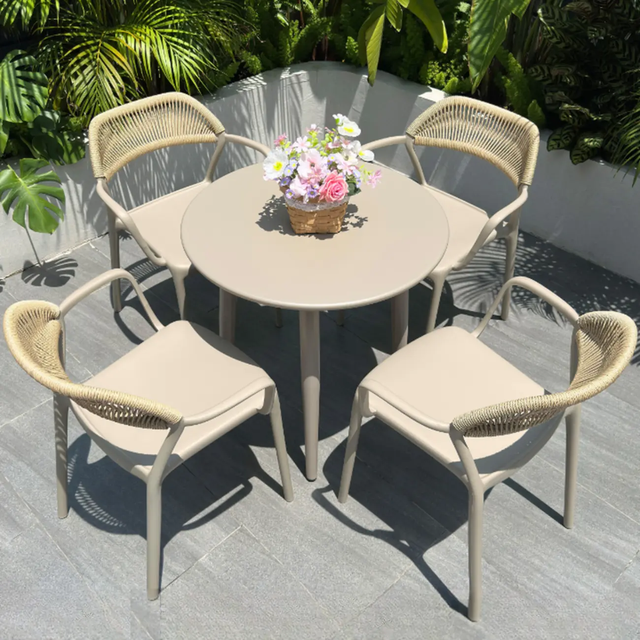 Contemporary Beige Patio Dining Set Weatherproof Image - 7 | homeyfad