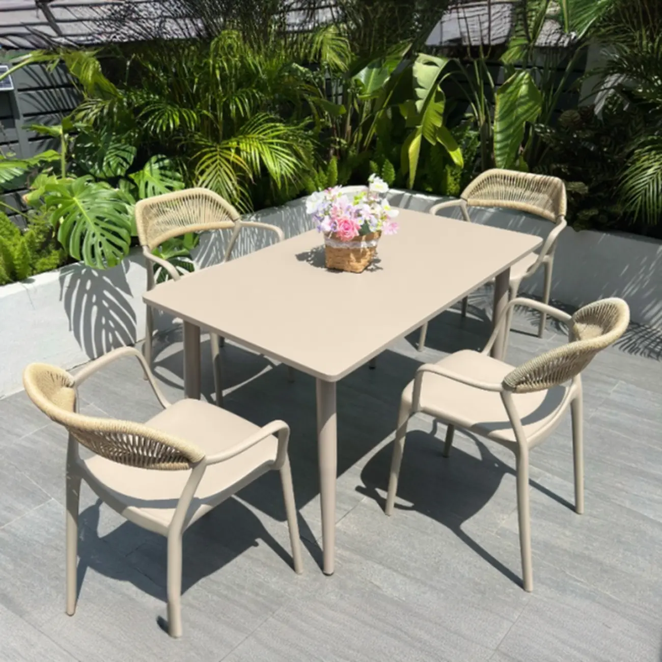 Contemporary Beige Patio Dining Set Weatherproof Image - 9 | homeyfad