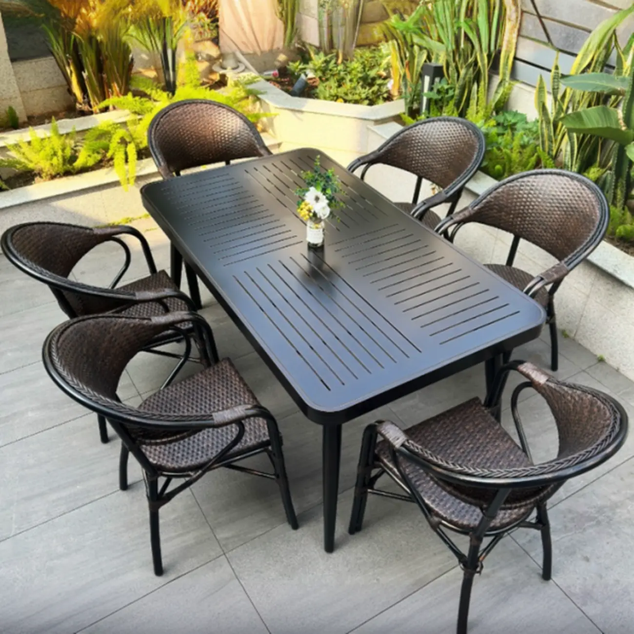 Black Outdoor Bistro Set With Woven Armchairs Image - 3 | homeyfad