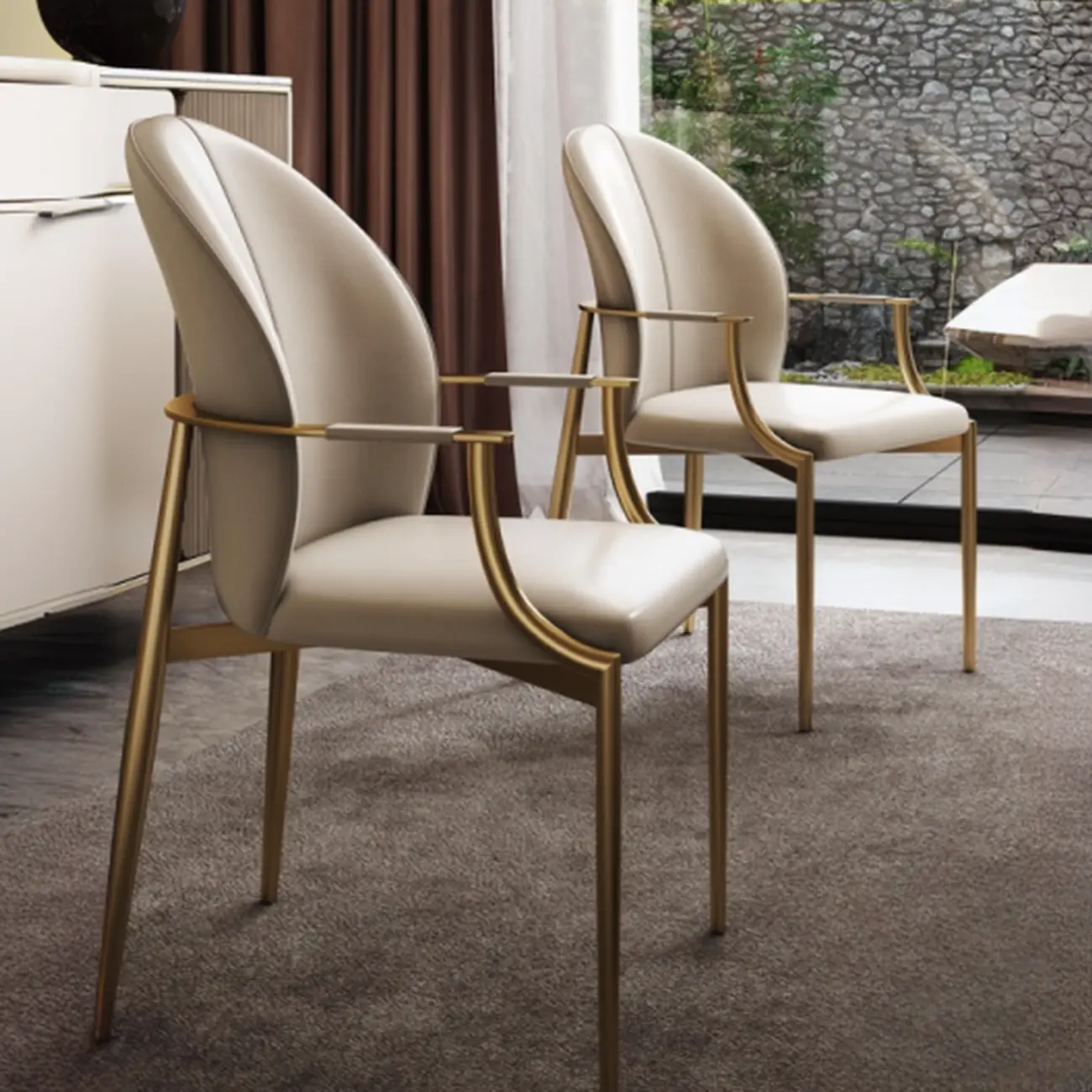 Genuine Leather Glam Modern Upholstered Arm Dining Chairs Image - 5 | homeyfad