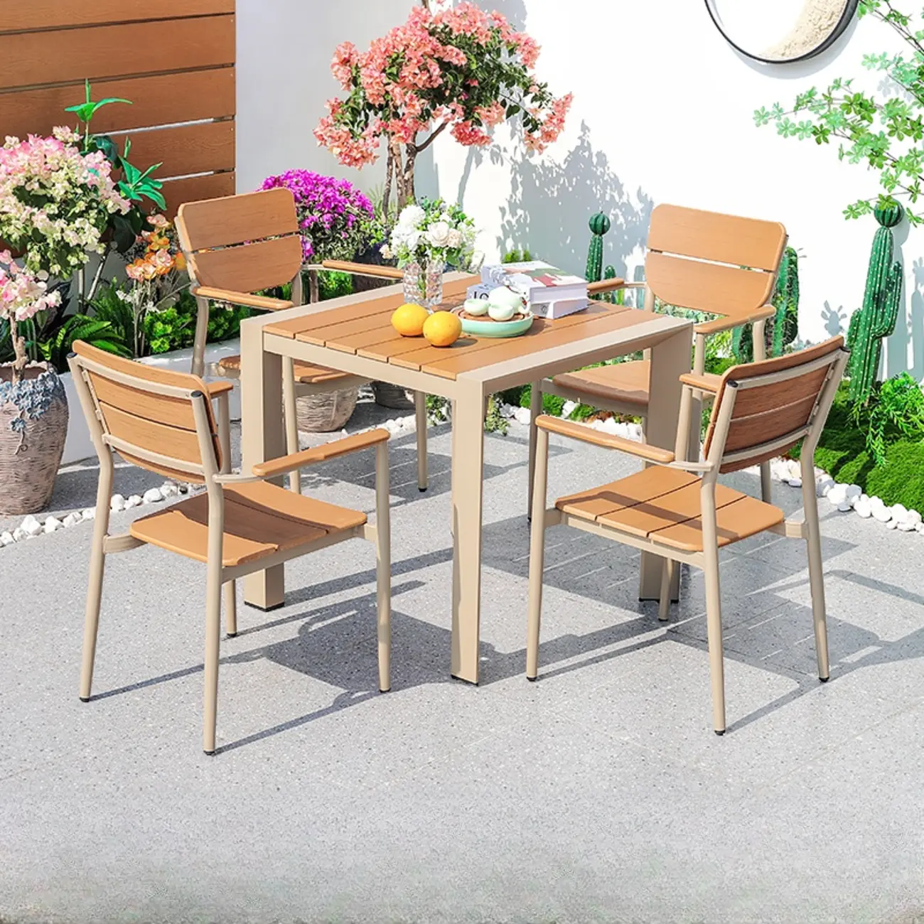 5 Piece Minimalist Wood Metal Patio Dining Set Image - 1 | homeyfad