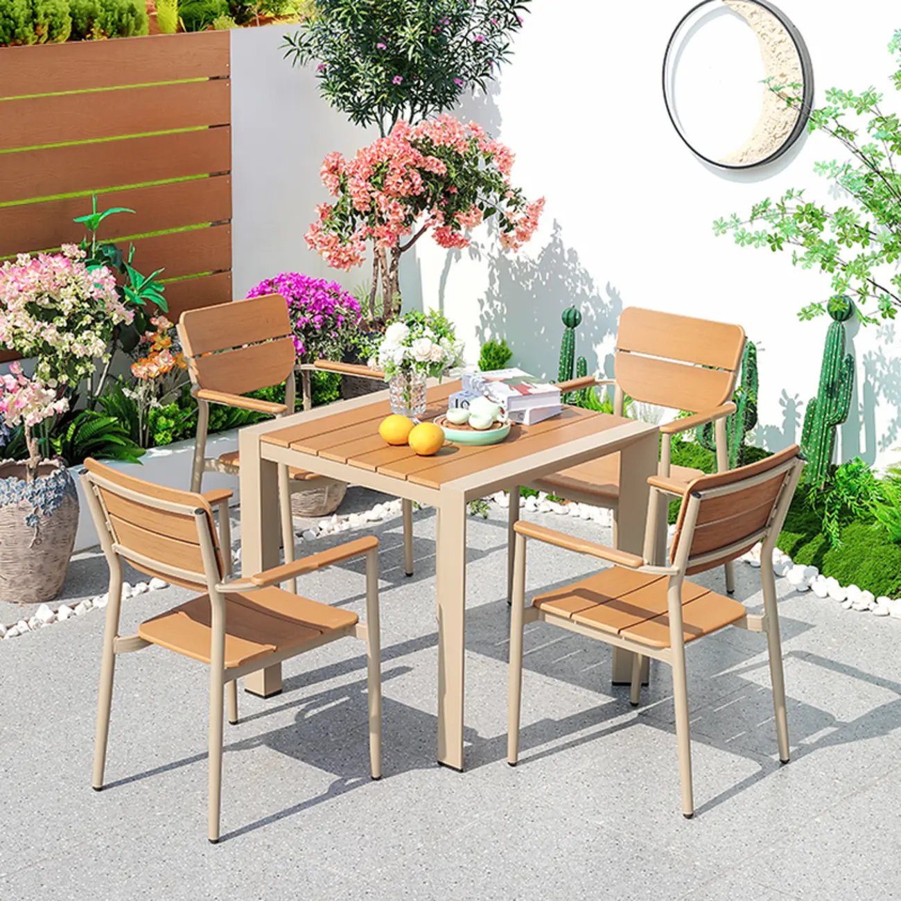 5 Piece Minimalist Wood Metal Patio Dining Set Image - 3 | homeyfad
