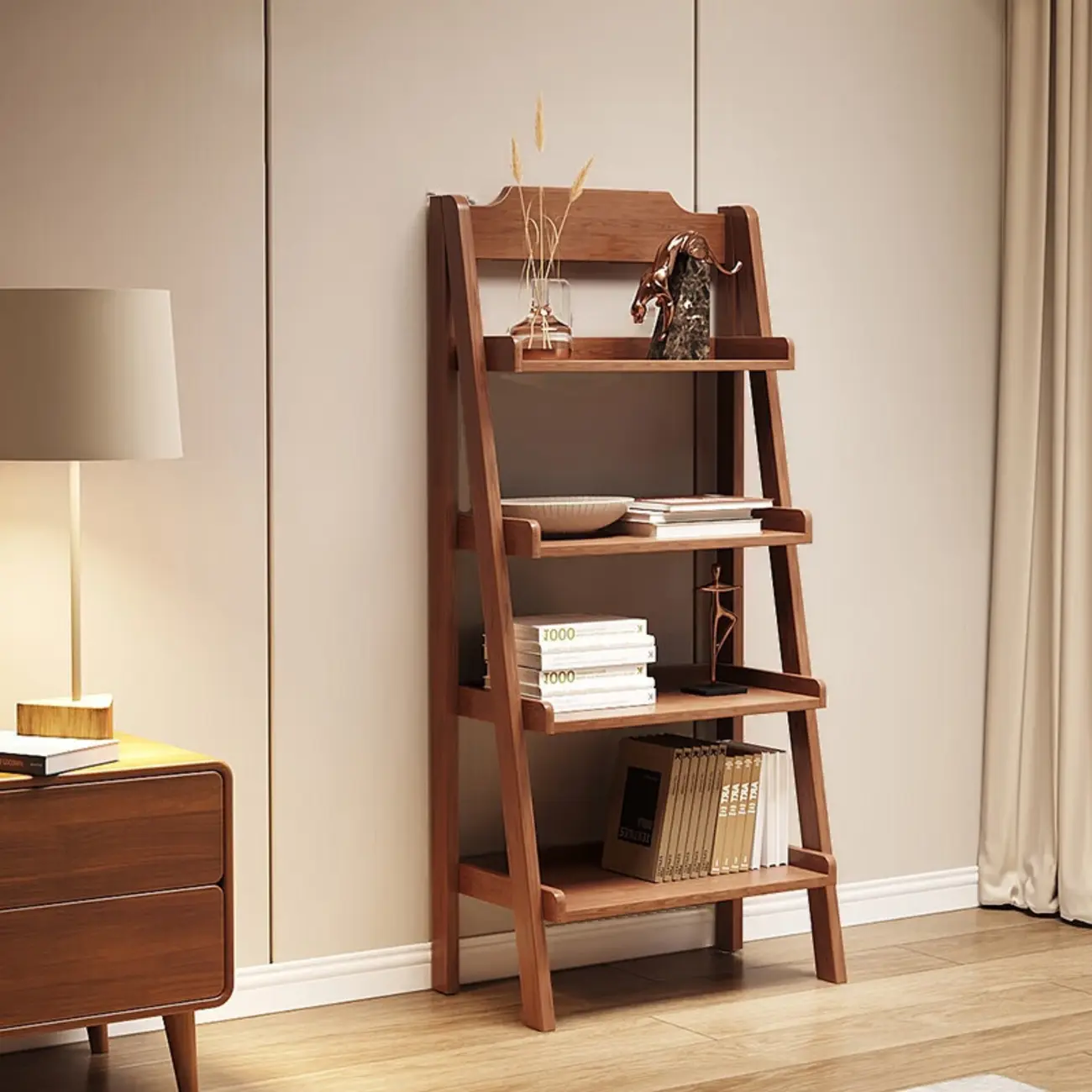 Narrow Modern Rubberwood Ladder Bookcase Open Back Image - 1 | homeyfad