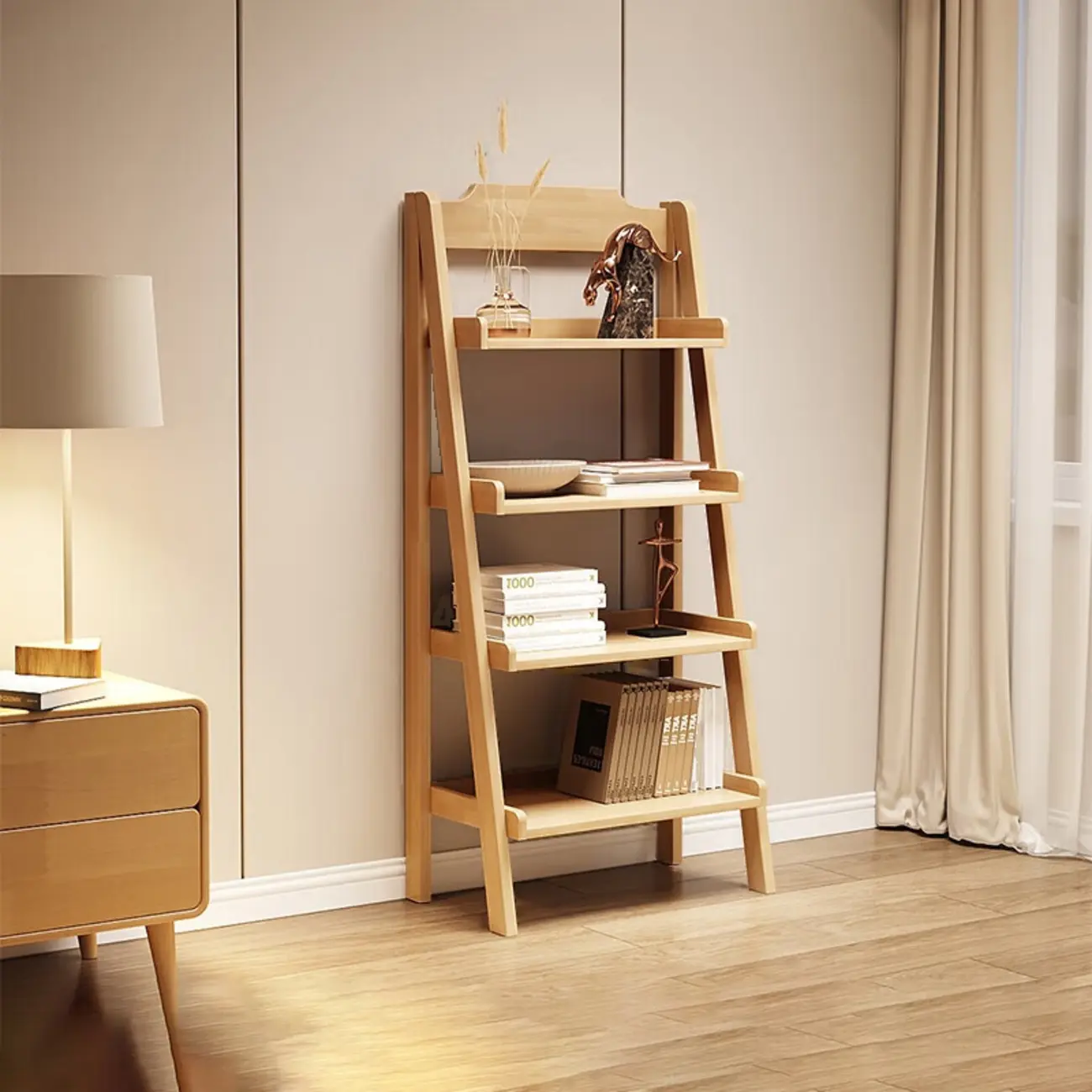 Narrow Modern Rubberwood Ladder Bookcase Open Back Image - 2 | homeyfad