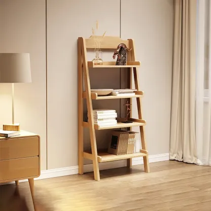 Narrow Modern Rubberwood Ladder Bookcase Open Back Image - 2