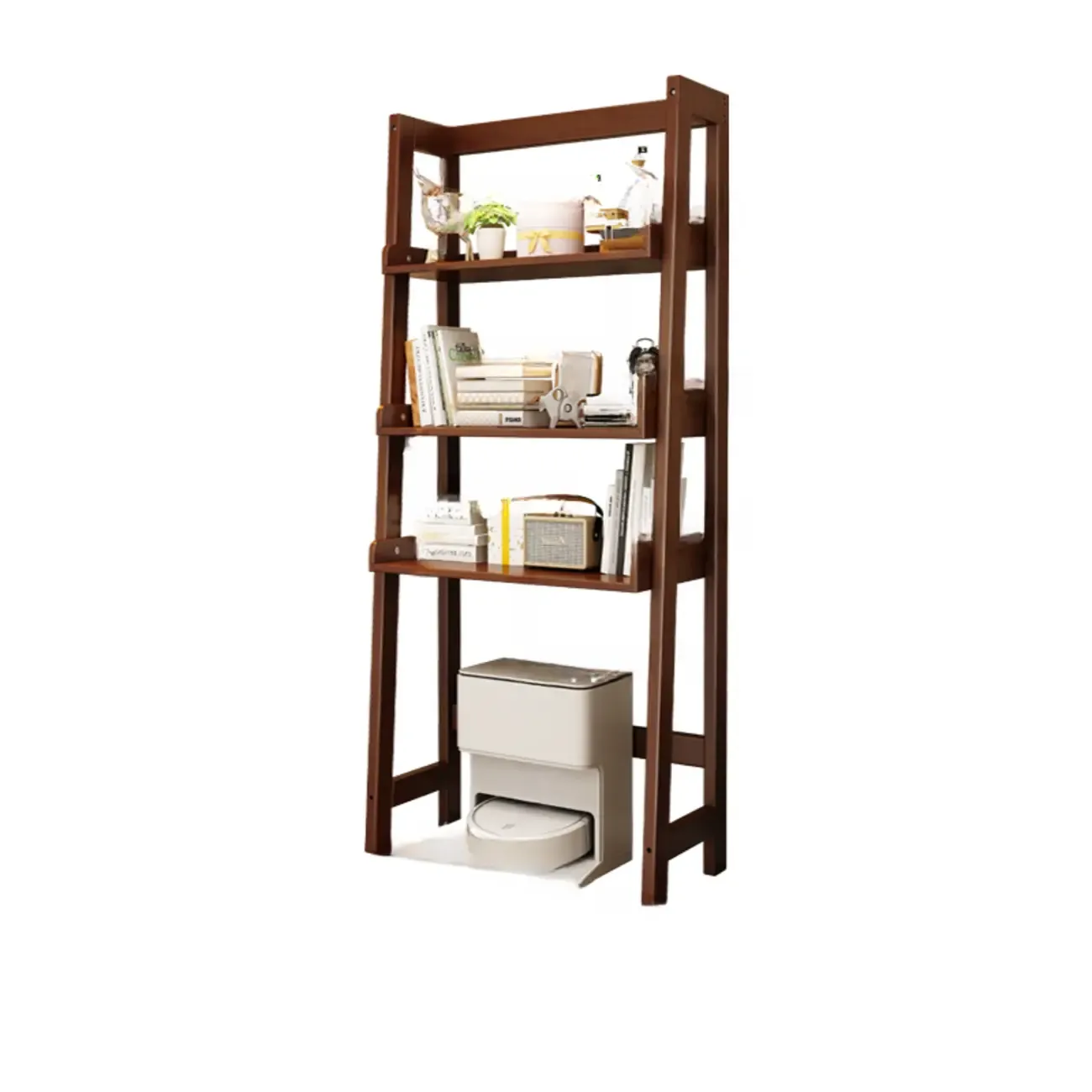 Narrow Modern Rubberwood Ladder Bookcase Open Back Image - 3