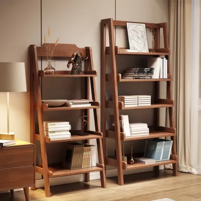 Narrow Modern Rubberwood Ladder Bookcase Open Back Image - 4