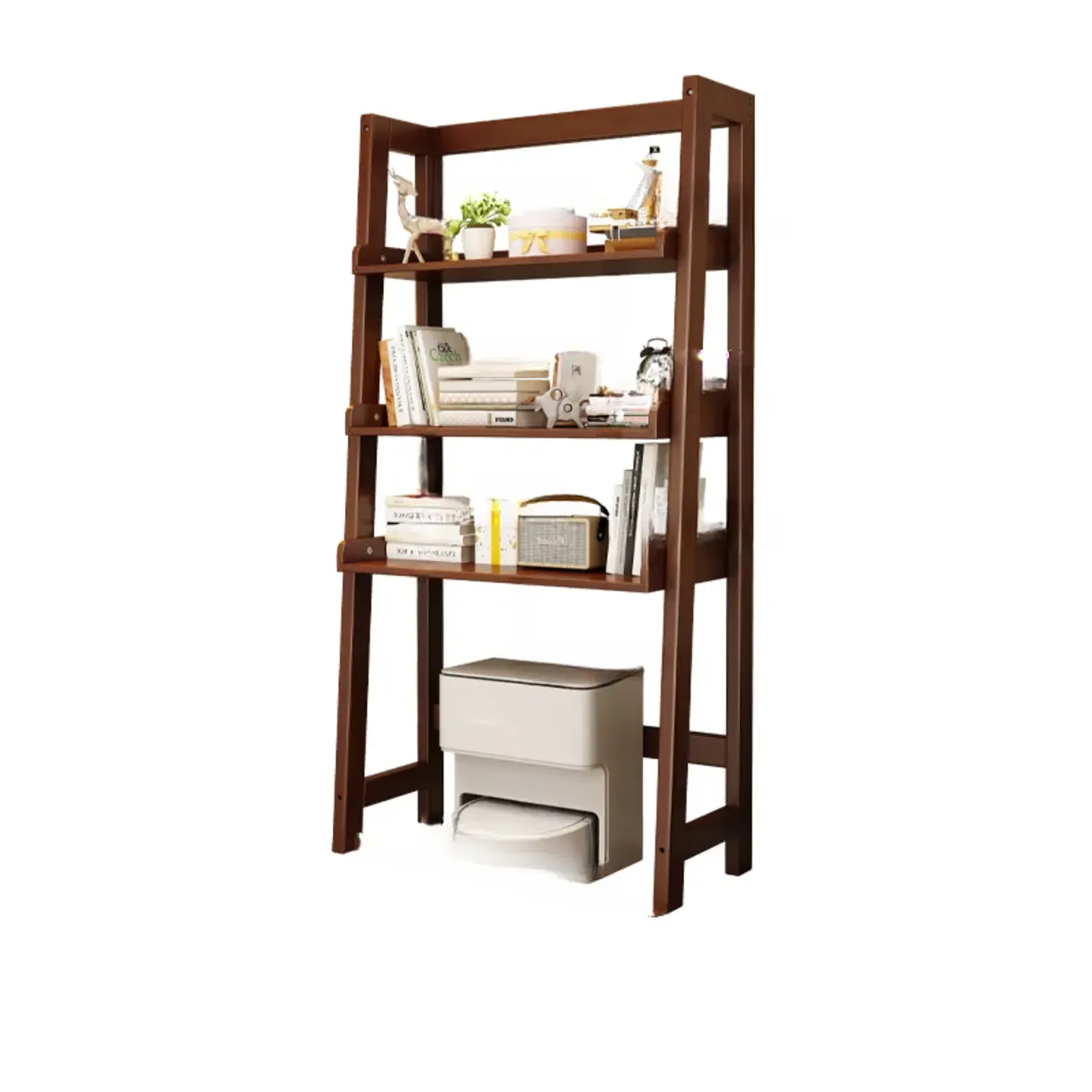 Narrow Modern Rubberwood Ladder Bookcase Open Back Image - 7