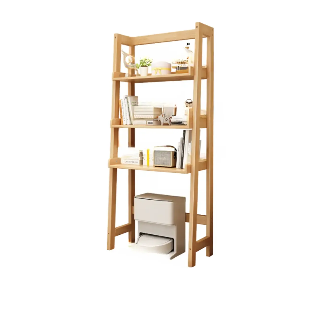 Narrow Modern Rubberwood Ladder Bookcase Open Back Image - 9