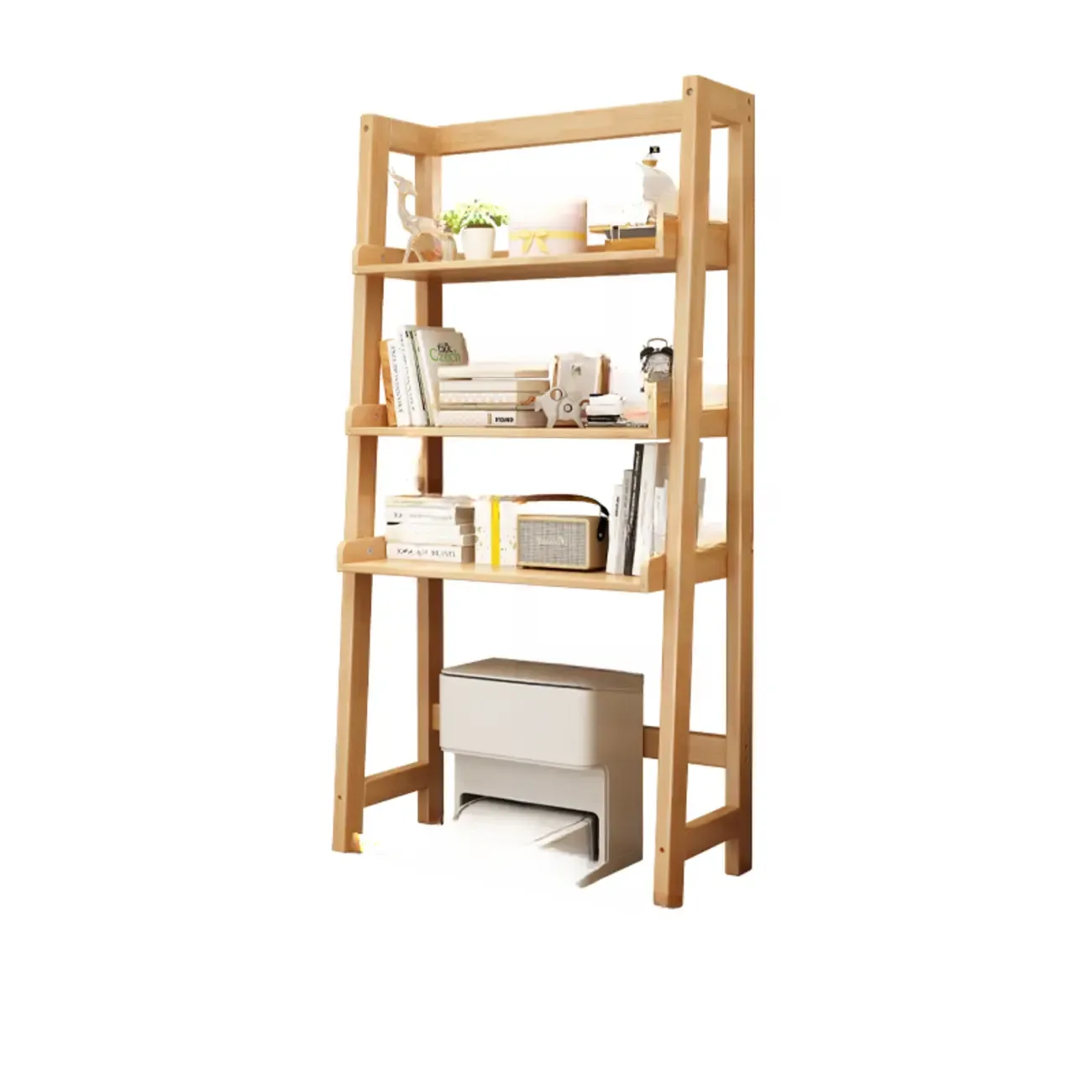 Narrow Modern Rubberwood Ladder Bookcase Open Back Image - 13