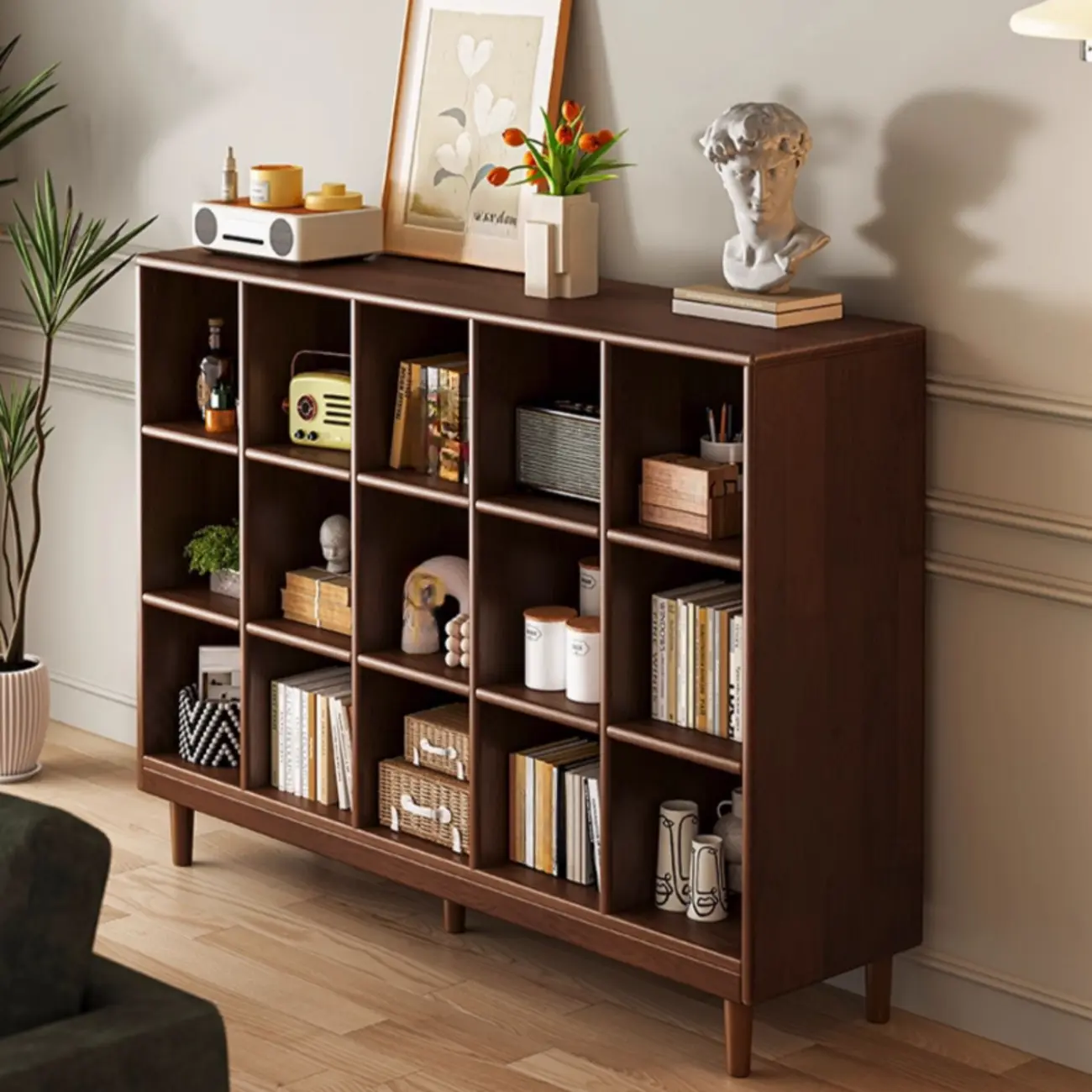 Brown Natural Wood Freestanding Modular Cube Bookcase Image - 4 | homeyfad